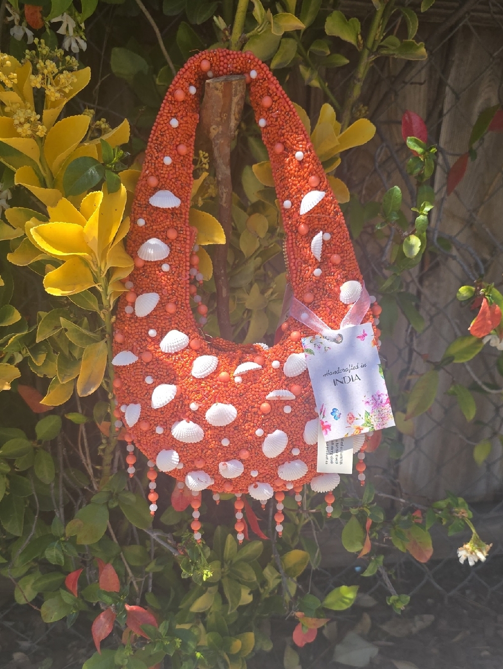 Viral Orange Beaded Shell Shoulder Bag